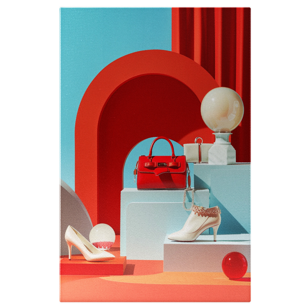 Elegant White Shoes and Red Handbag – Digital Art Outfit Presentation, Marime 40x25CM [1]