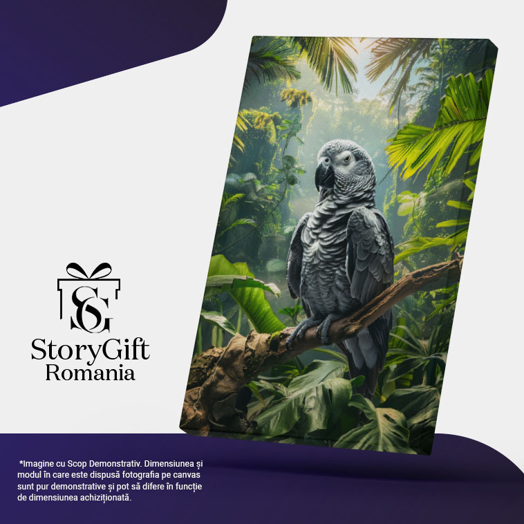 Tablou Canvas Papag Gri Antracit pe Creanga Bătrână a Copacului din Zona Forestieră , Pictura Digitala 40x25CM [5]