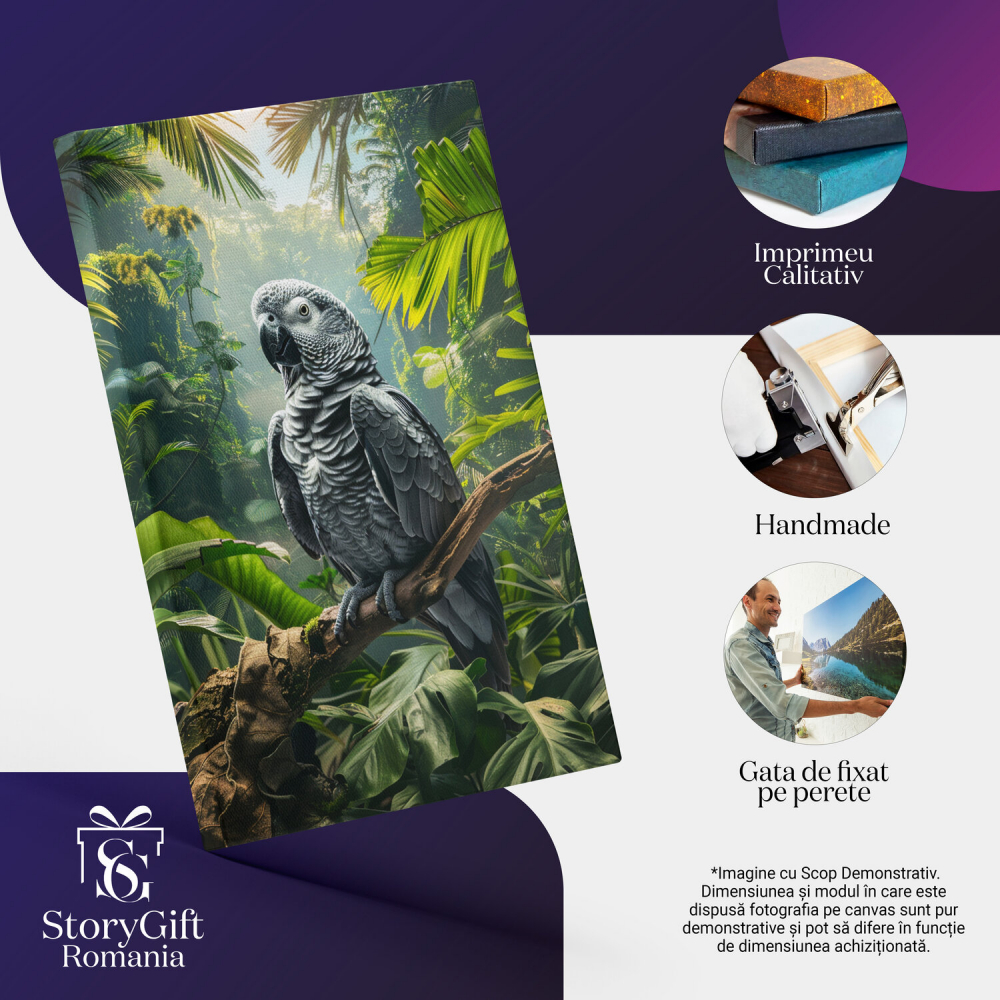 Papagal Gri Antracit pe Creânga Bătrână a Copacului - Pictură Digitală, Marime 40x25CM [2]