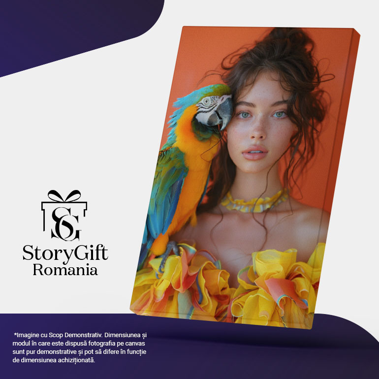 Tablou Canvas  Papagalul Colorat care sta pe Umarul Fetei cu Ochii Albastri si Rochita Galbena cu Pistrui , Pictura Digitala 40x25CM [5]