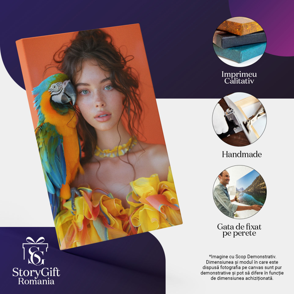 Tablou Canvas  Papagalul Colorat care sta pe Umarul Fetei cu Ochii Albastri si Rochita Galbena cu Pistrui , Pictura Digitala 40x25CM [3]