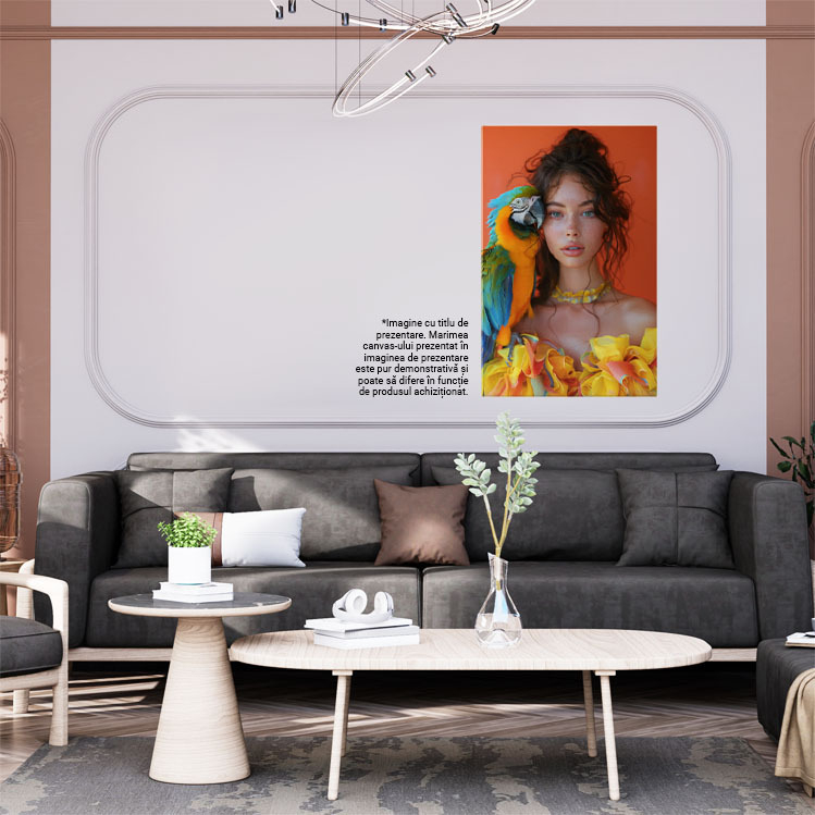 Tablou Canvas  Papagalul Colorat care sta pe Umarul Fetei cu Ochii Albastri si Rochita Galbena cu Pistrui , Pictura Digitala 40x25CM [2]