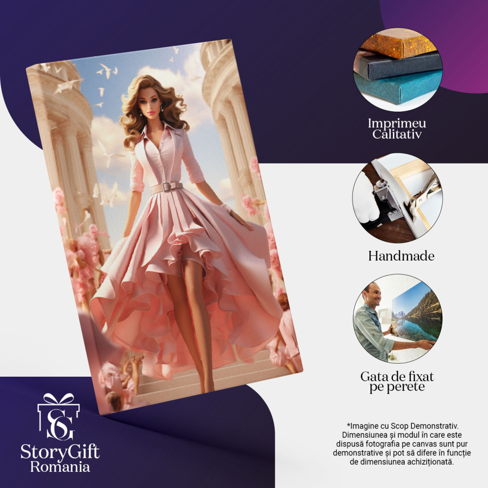 Tablou Canvas:  Papusa pe Scari in Fusta Lunga cu Volane si Porumbei cu Trandafiri si Oameni in jur Pictura Digitala 40x25CM [3]