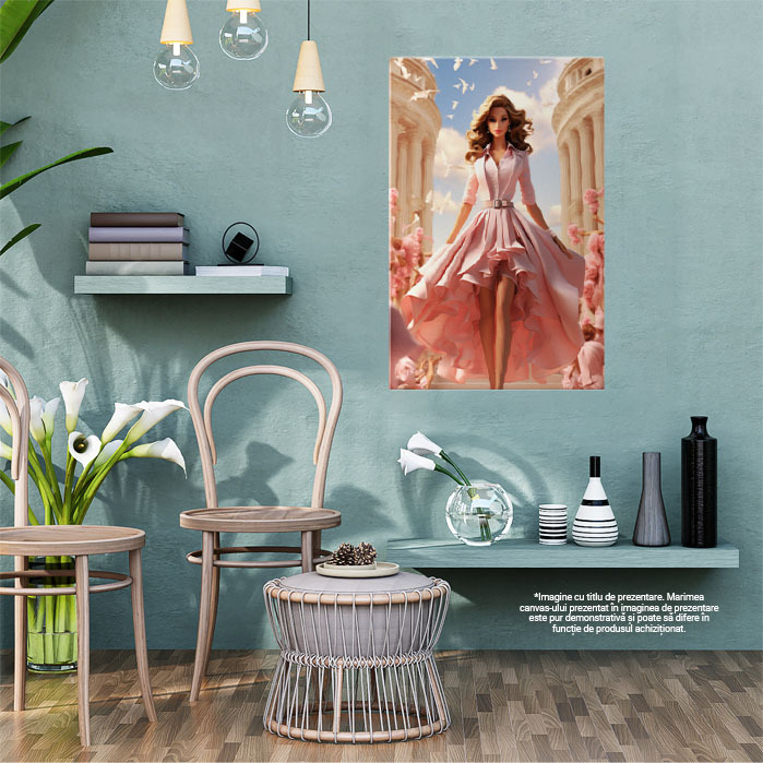 Tablou Canvas:  Papusa pe Scari in Fusta Lunga cu Volane si Porumbei cu Trandafiri si Oameni in jur Pictura Digitala 40x25CM [2]