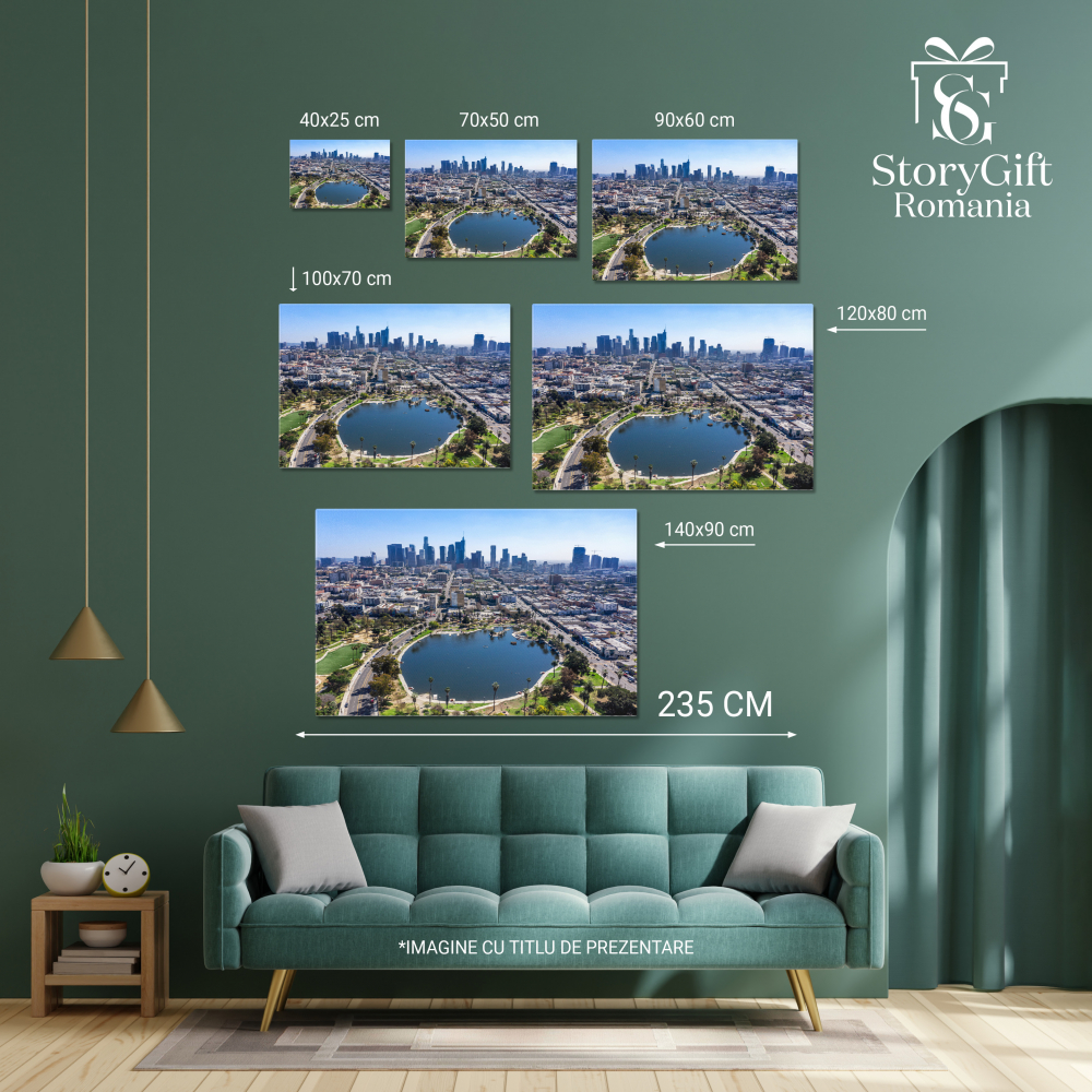 Tablou Canvas Parcul McArthur din Los Angeles, McArthur Park, parc, aer liber, Los Angeles, centru, LA, apa, lac, cladiri, zgarie-nori, central, zi, recreere, stralucitor, McArthur lake, fantana. 40x2 [4]