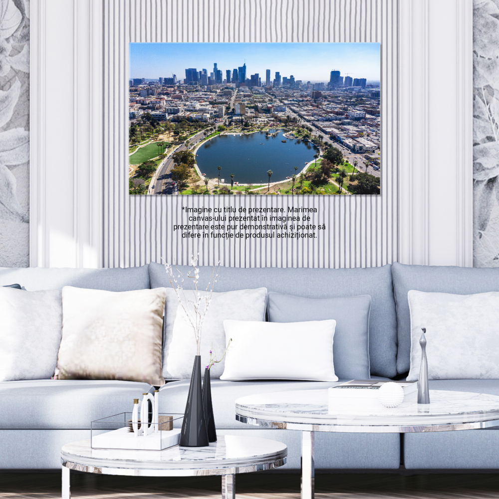 Tablou Canvas Parcul McArthur din Los Angeles, McArthur Park, parc, aer liber, Los Angeles, centru, LA, apa, lac, cladiri, zgarie-nori, central, zi, recreere, stralucitor, McArthur lake, fantana. 40x2 [3]