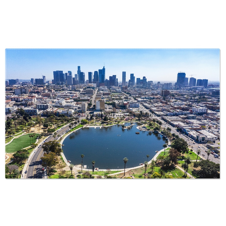Tablou Canvas Parcul McArthur din Los Angeles, McArthur Park, parc, aer liber, Los Angeles, centru, LA, apa, lac, cladiri, zgarie-nori, central, zi, recreere, stralucitor, McArthur lake, fantana. 40x2 [1]