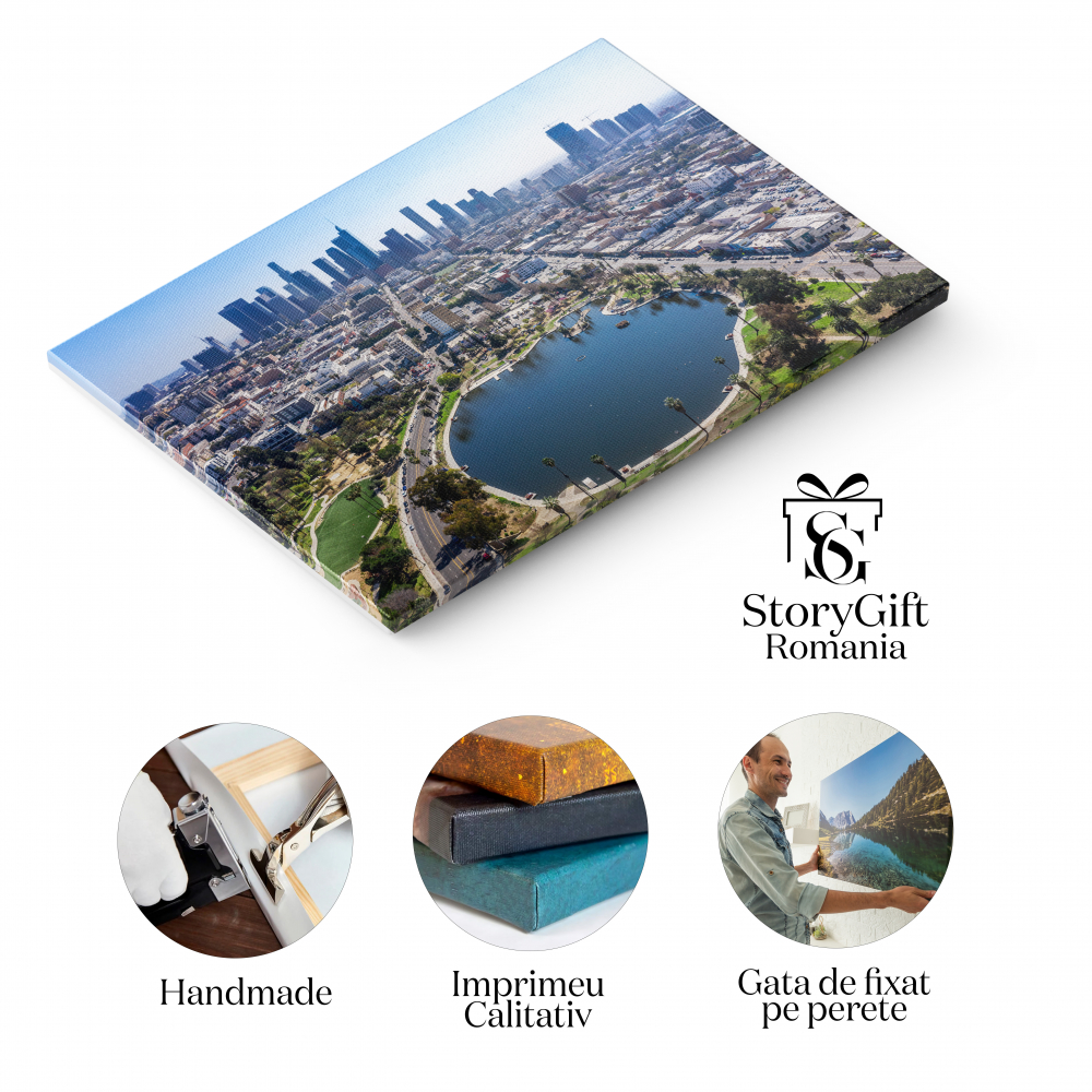 Tablou Canvas Parcul McArthur din Los Angeles, McArthur Park, parc, aer liber, Los Angeles, centru, LA, apa, lac, cladiri, zgarie-nori, central, zi, recreere, stralucitor, McArthur lake, fantana. 40x2 [2]