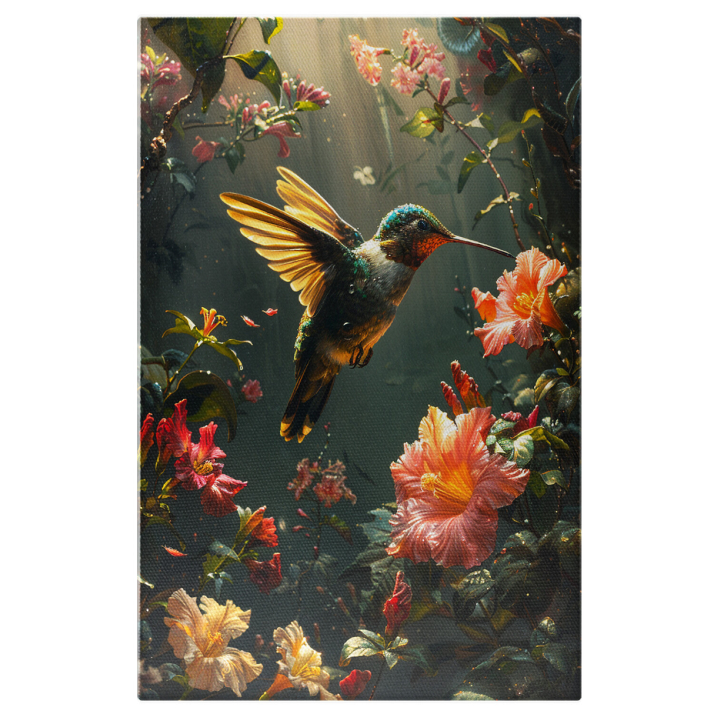 Pasărea Colibri - Tablou Canvas cu Colectarea Nectarului din Florile din Junglă, Marime 40x25CM [1]