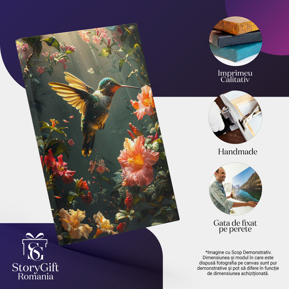 Pasărea Colibri - Tablou Canvas cu Colectarea Nectarului din Florile din Junglă, Marime 40x25CM [2]