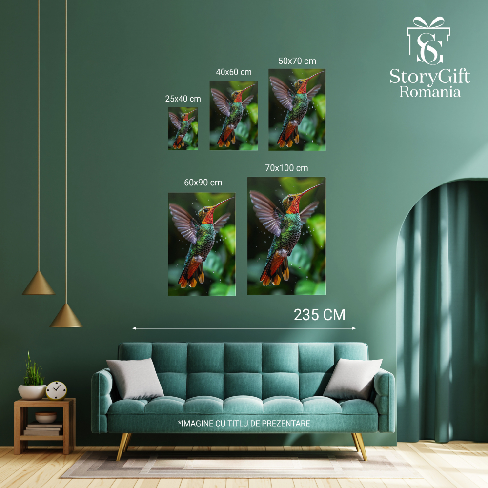 Tablou Canvas  Pasarea Colibri cu Ochii Mici si Ciocul Ascutit Zboara prin Picaturile din Apa cu Aripile Desfacute , Pictura Digitala 60x40CM [4]