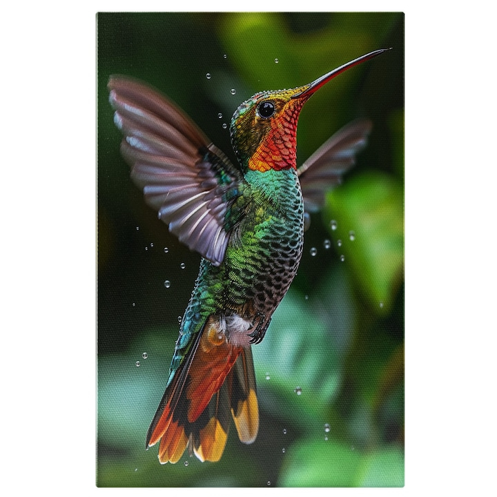 Tablou Canvas  Pasarea Colibri cu Ochii Mici si Ciocul Ascutit Zboara prin Picaturile din Apa cu Aripile Desfacute , Pictura Digitala 60x40CM [1]