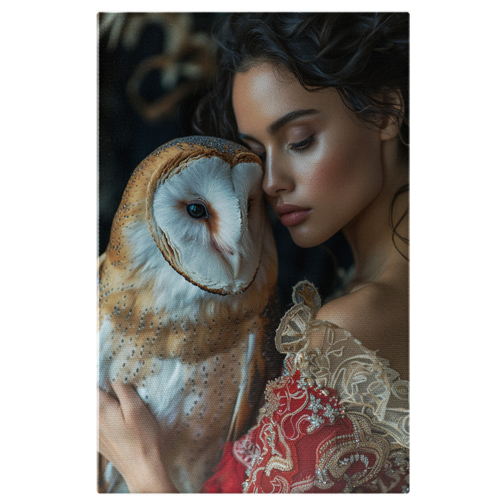 Tablou Canvas Pasărea ,,Striga cu Ochii Înlăcrimați și Fata în Rochie Roșie cu Umerii Goi, Marime 40x25CM [1]