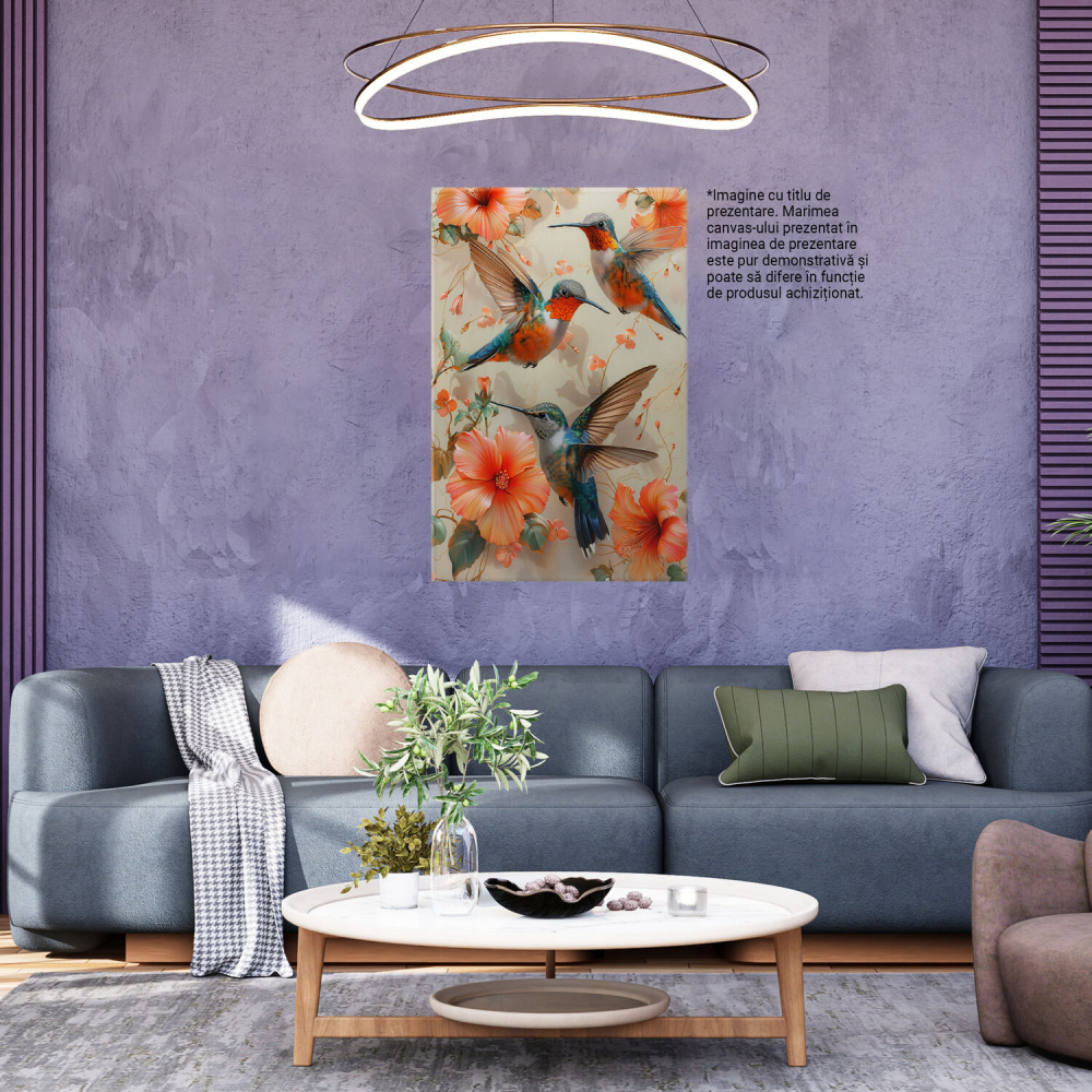 Tablou Canvas Colibri Sorbind Nectar din Flori Roz, Marime 90x60CM [3]