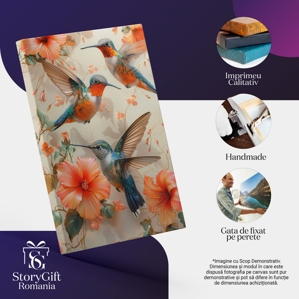 Tablou Canvas Colibri Sorbind Nectar din Flori Roz, Marime 90x60CM [2]