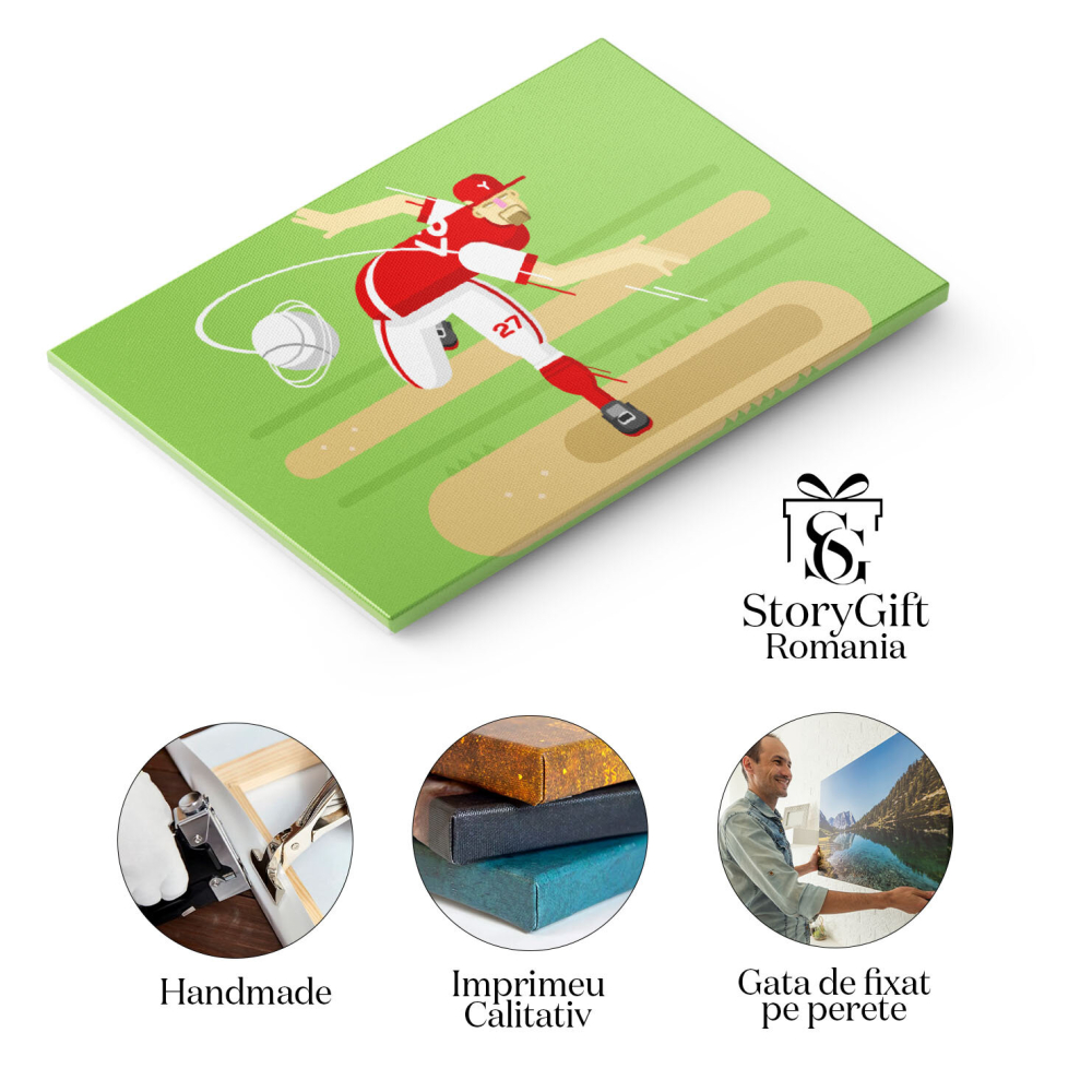 Tablou Canvas Pasionat de Sport , Jucator de Ruigby in Echipament Alb-Rosu cu Sapca Aruncand o Minge Alba 40x25CM [2]