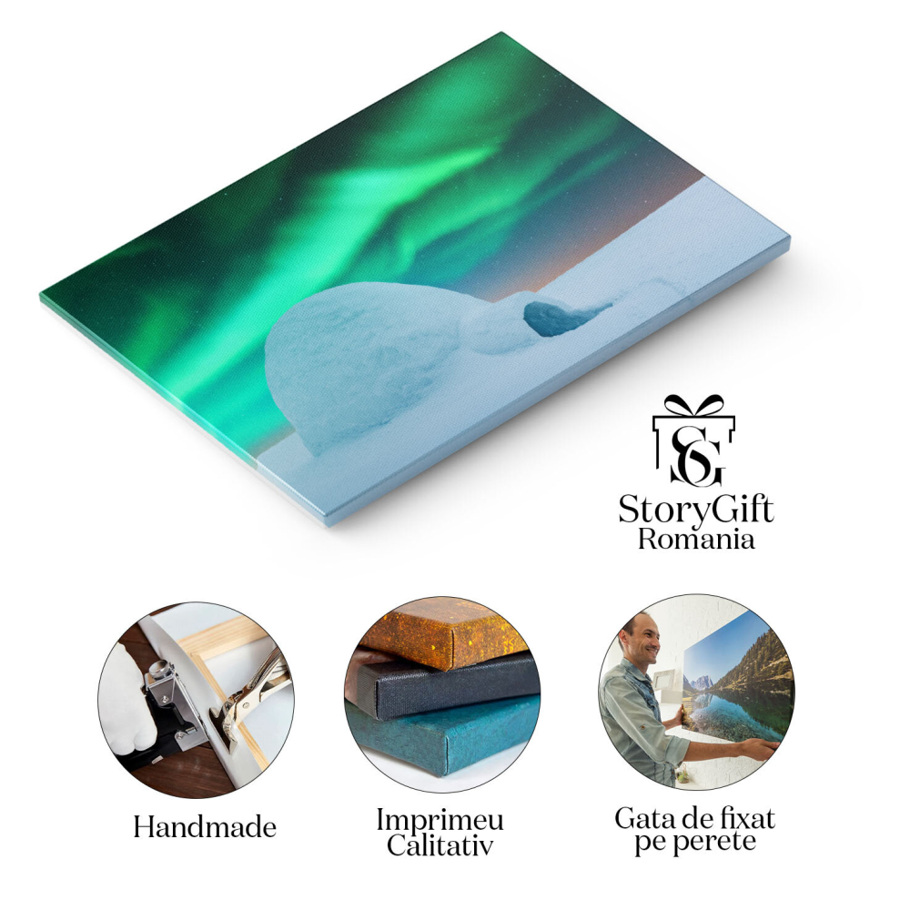 Tablou Canvas - Peisaj Arctic: Casa Igloo Sub Luminile Nordului intr-o Noapte Senina 40x25CM [2]