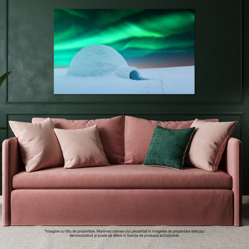 Tablou Canvas Peisaj Arctic: Casa Igloo Sub Luminile Nordului într-o Noapte Senină, Marime 40x25CM [4]