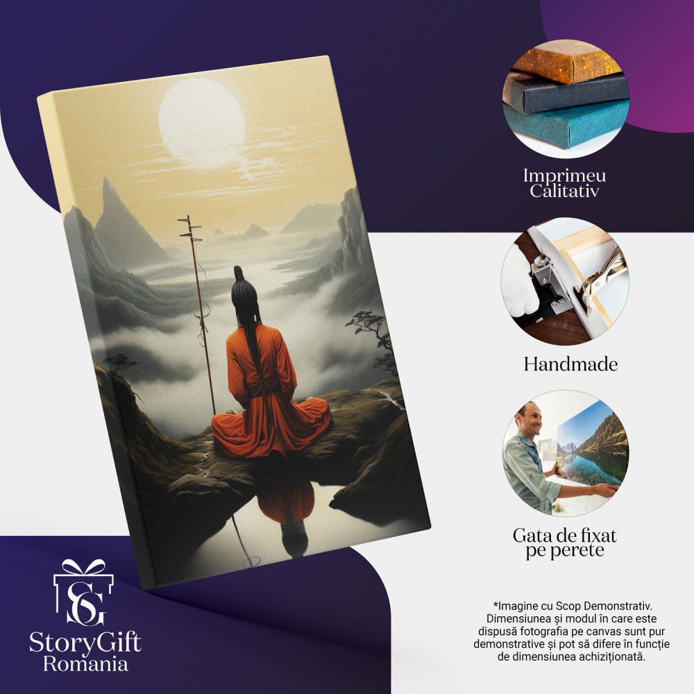 Tablou Canvas Peisaj Asiatic cu Sensei și Munți Încercuiți de Ceată, Marime 40x25CM [2]