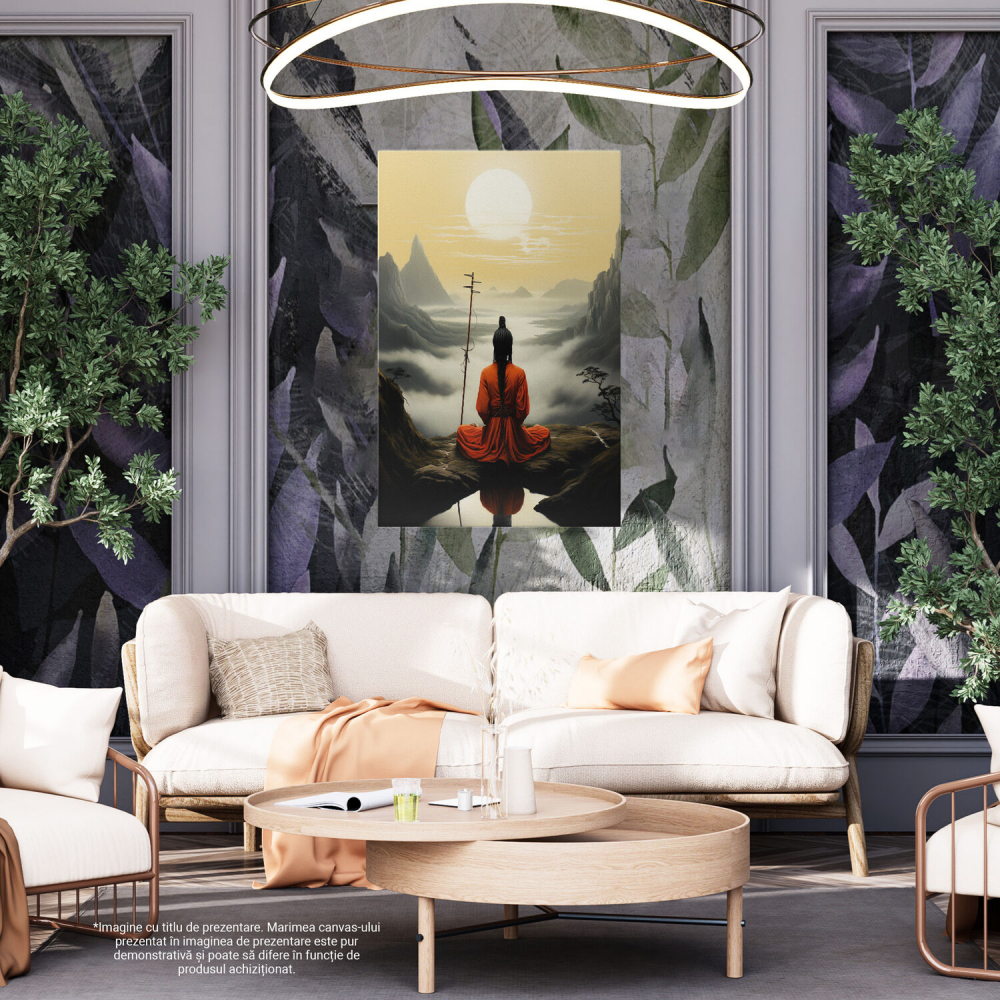 Tablou Canvas Peisaj Asiatic cu Sensei și Munți Încercuiți de Ceată, Marime 40x25CM [4]