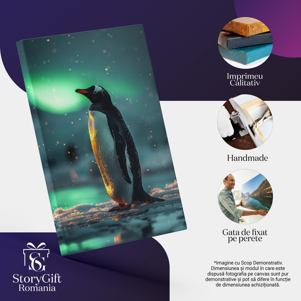 Pinguin Curios sub Auroră Boreală - Pictură Digitală cu Sclipiri Verzi, Marime 40x25CM [2]