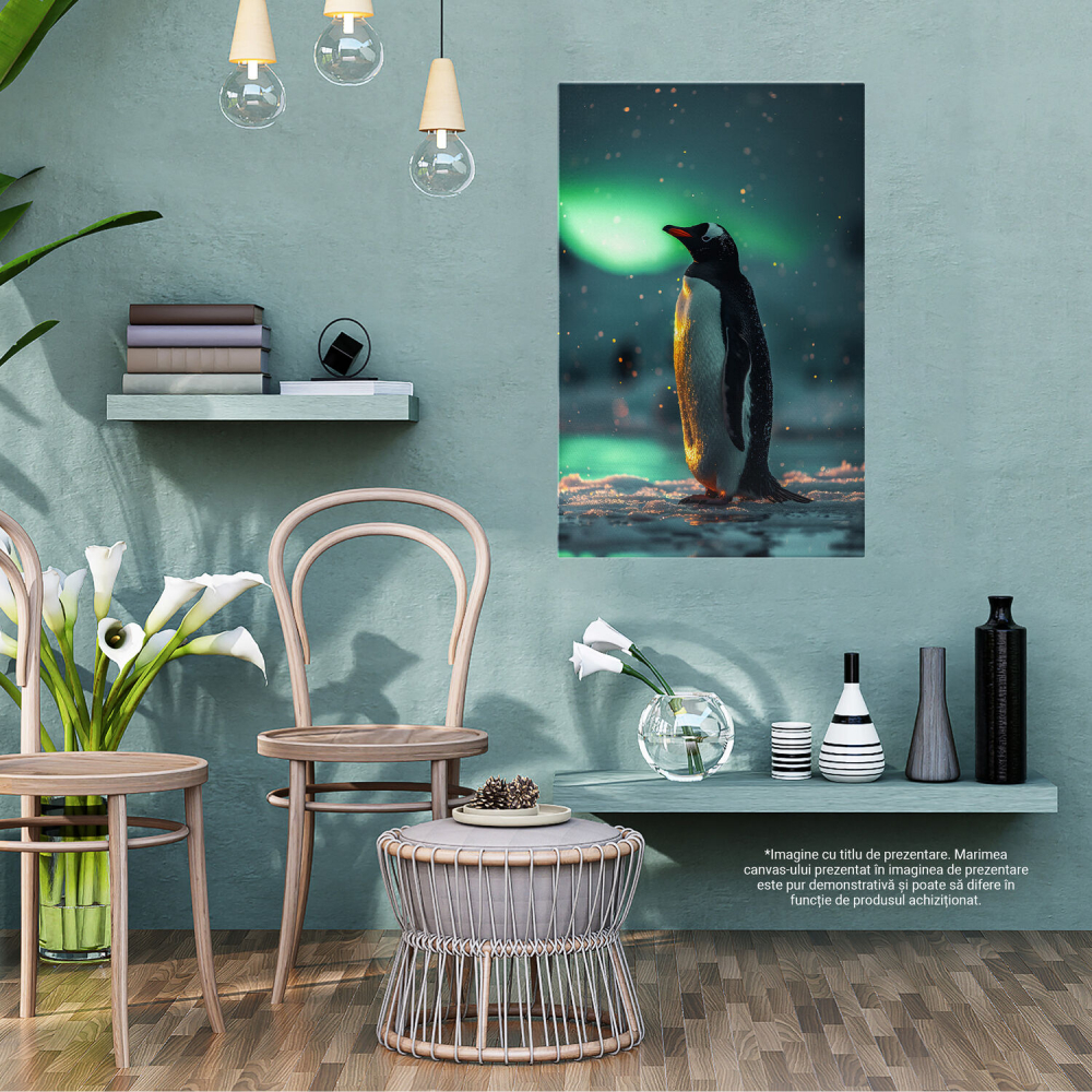 Pinguin Curios sub Auroră Boreală - Pictură Digitală cu Sclipiri Verzi, Marime 40x25CM [3]