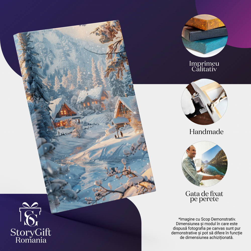 Tablou Canvas:  Peisaj de Iarna cu Casute Inzapezite si Luminate, Brazi  - Fotografie Artistica si Anotimp  Rece   Pictura Digitala 60x40CM [1]