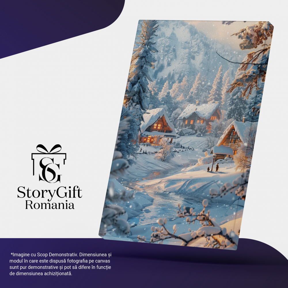Tablou Canvas:  Peisaj de Iarna cu Casute Inzapezite si Luminate, Brazi  - Fotografie Artistica si Anotimp  Rece   Pictura Digitala 60x40CM [4]