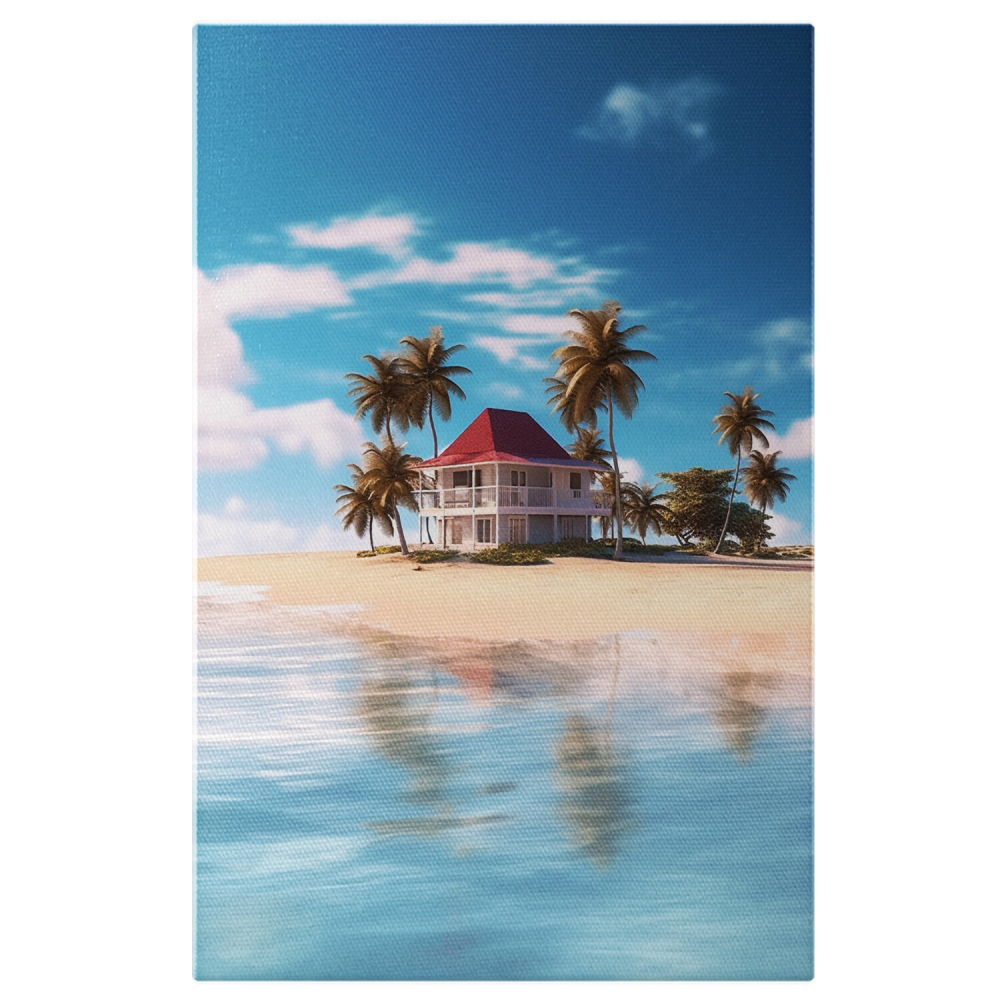 Tablou Canvas Peisaj de pe o Insulă: Casă pe Plajă cu Mare și Apă, Marime 40x25CM [1]