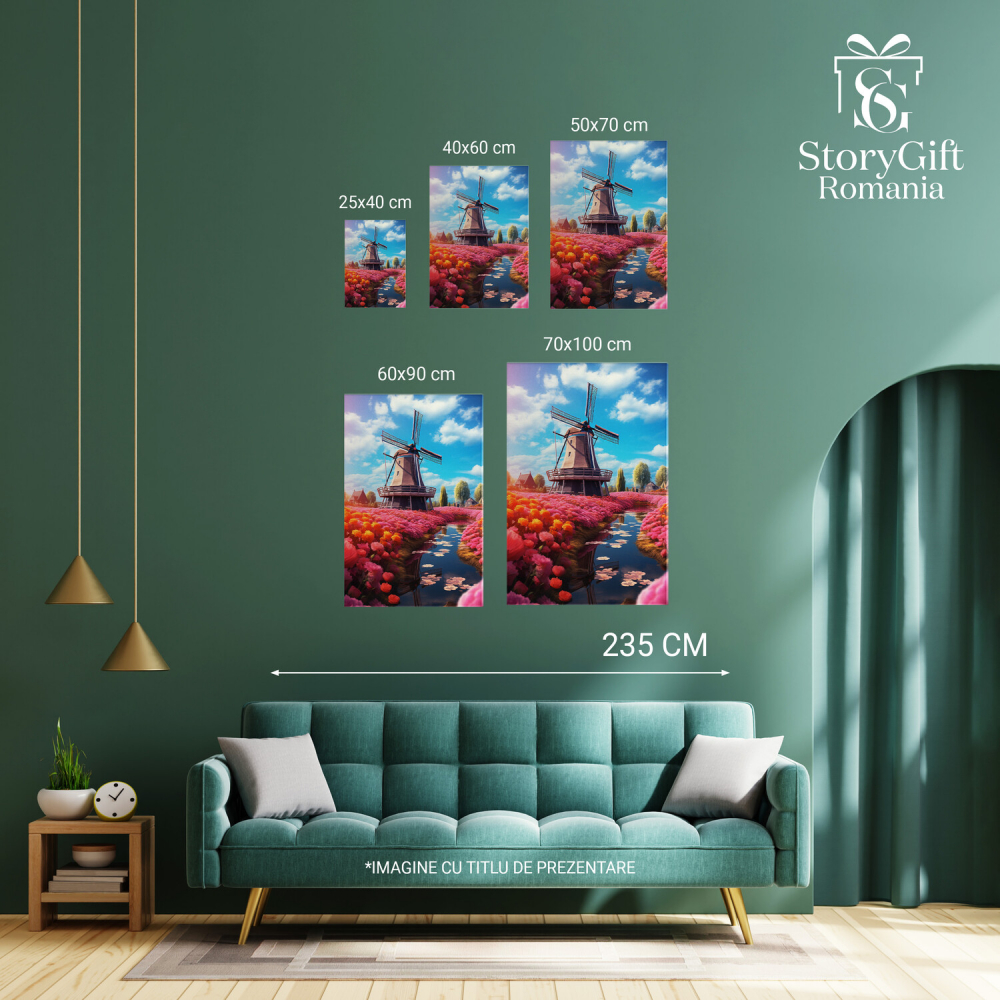 Tablou Canvas - Peisaj de Poveste cu Flori și Moară de Vânt, Marime 40x25CM [3]