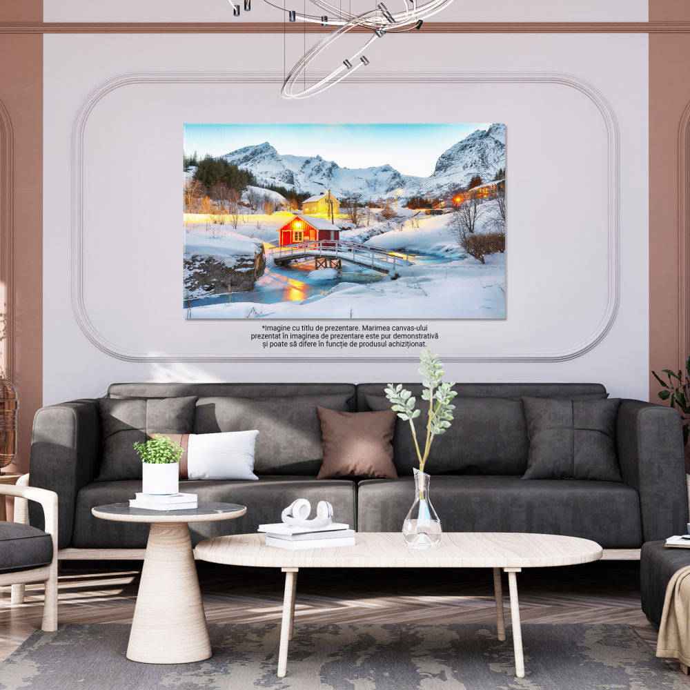Tablou Canvas Peisaj de Seara Fabulos in Nusfjord Norvegia, Iarna, Casa, Peisaj, Lumina 70x50CM [3]