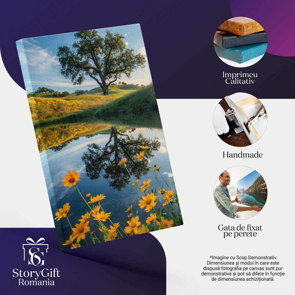 Peisaj Dealuri cu Copac Înalt și Reflexie în Lac - Tablou Canvas cu Flori Galbene, Marime 40x25CM [2]