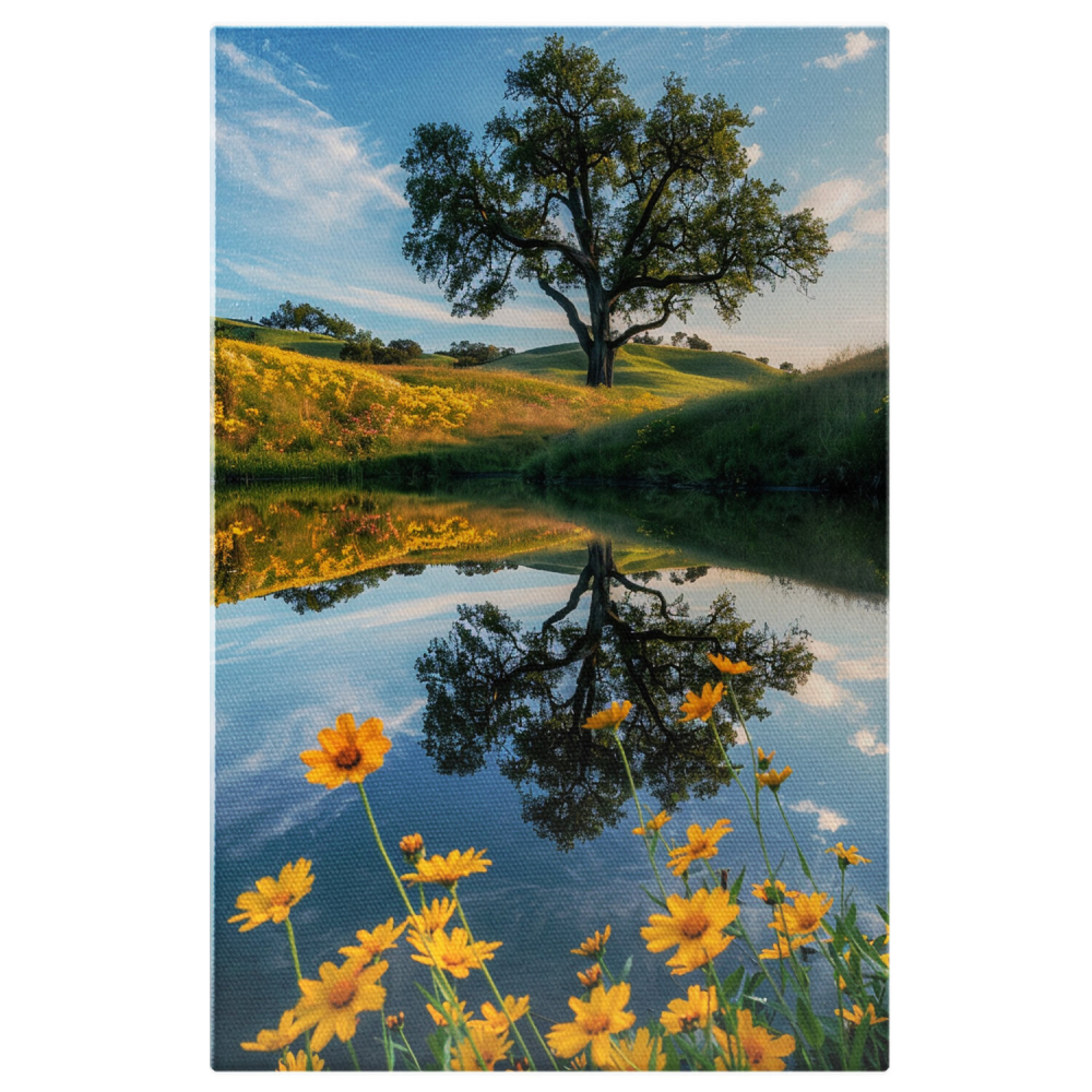 Peisaj Dealuri cu Copac Înalt și Reflexie în Lac - Tablou Canvas cu Flori Galbene, Marime 40x25CM [1]