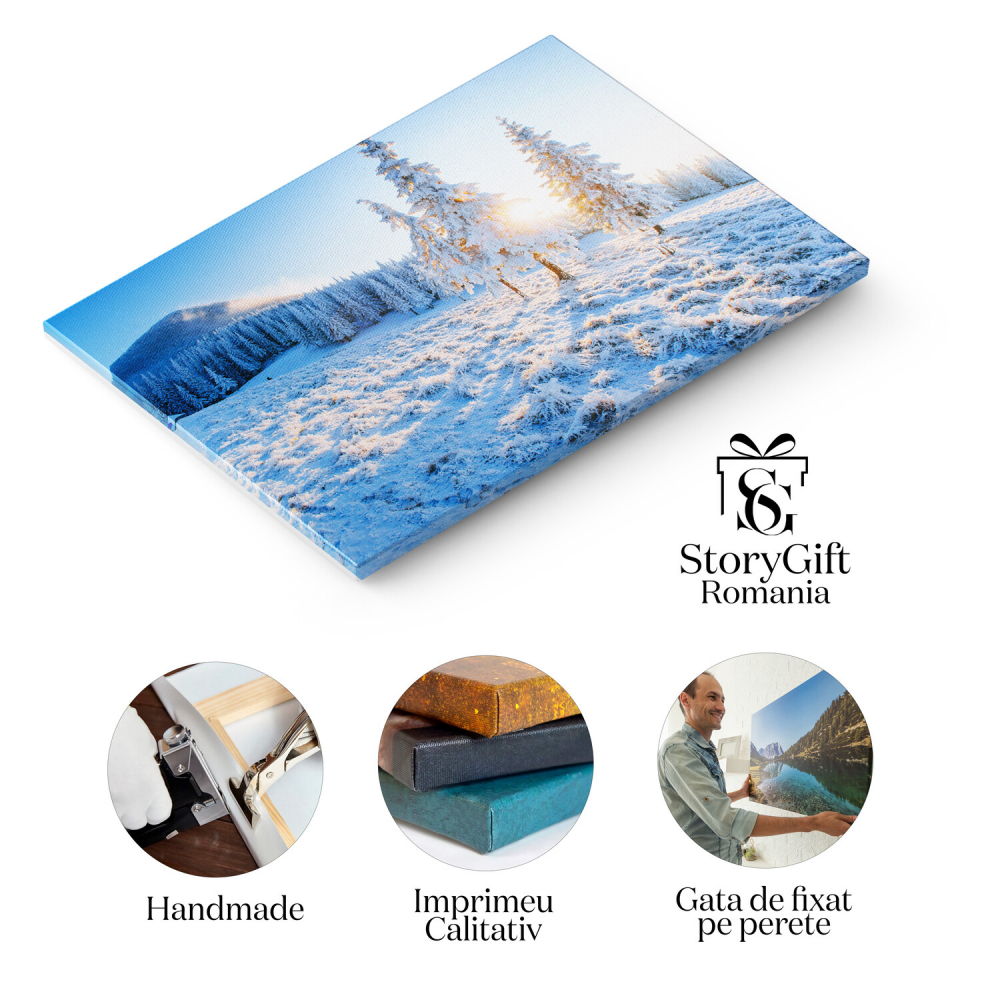 Tablou Canvas Peisaj Iarnă cu Brumă și Raze de Soare - Artă Naturală, Marime 40x25CM [2]