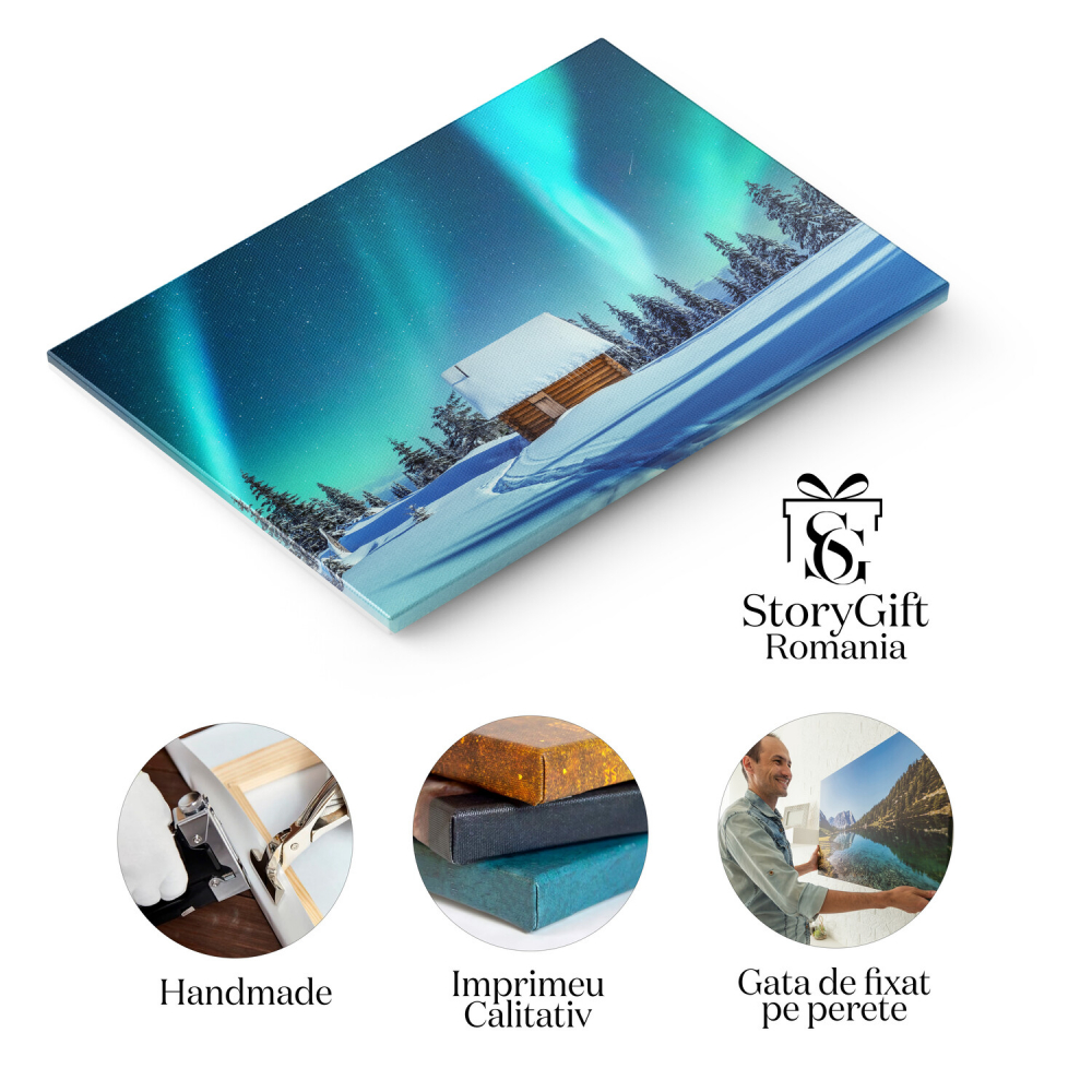 Peisaj cu Aurora Boreală și Cabana de Iarnă, Marime 40x25CM [2]