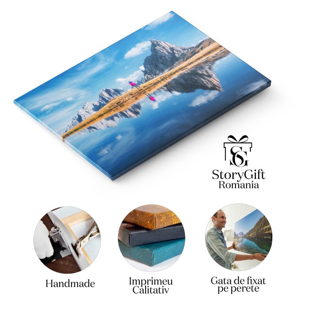 Tablou Canvas Peisaj Montan: Femeie Reflectată în Apa Limpedă a Lacului de Munte, Marime 40x25CM [2]