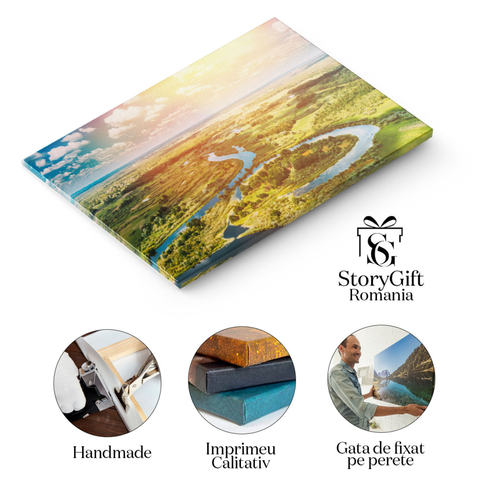 Tablou Canvas Peisajul Curbat al Raului in Suceava padure, vedere aeriana, vegetatie, soare, rau, sunny, outdoor, peisaj, curb 254 40x25CM [2]