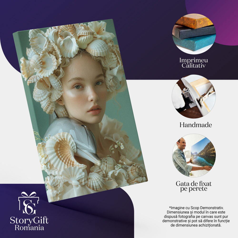 Tablou Canvas Femeie cu Palarie din Scoici si Figurina Delfin, Marime 40x25CM [2]