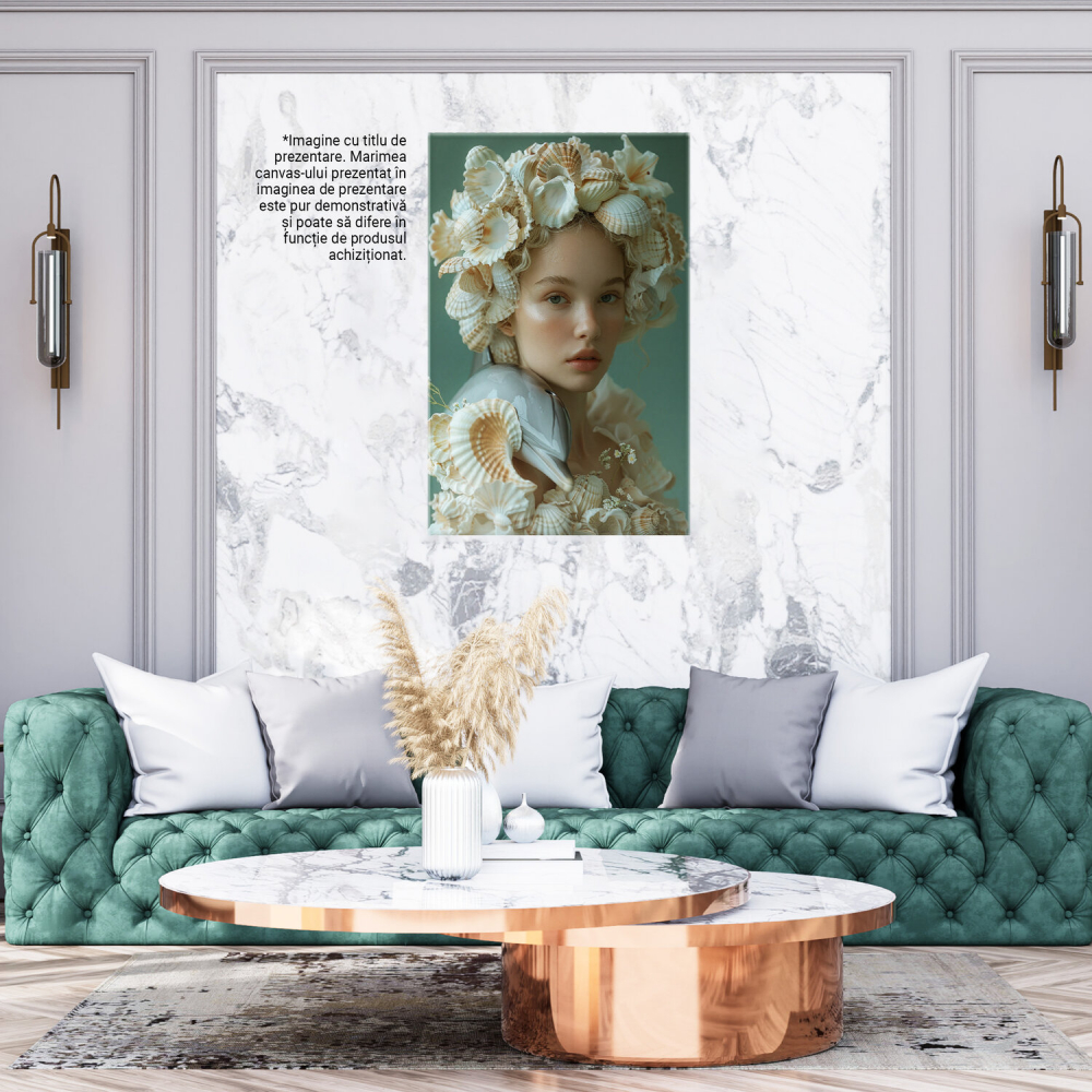 Tablou Canvas Femeie cu Palarie din Scoici si Figurina Delfin, Marime 40x25CM [3]