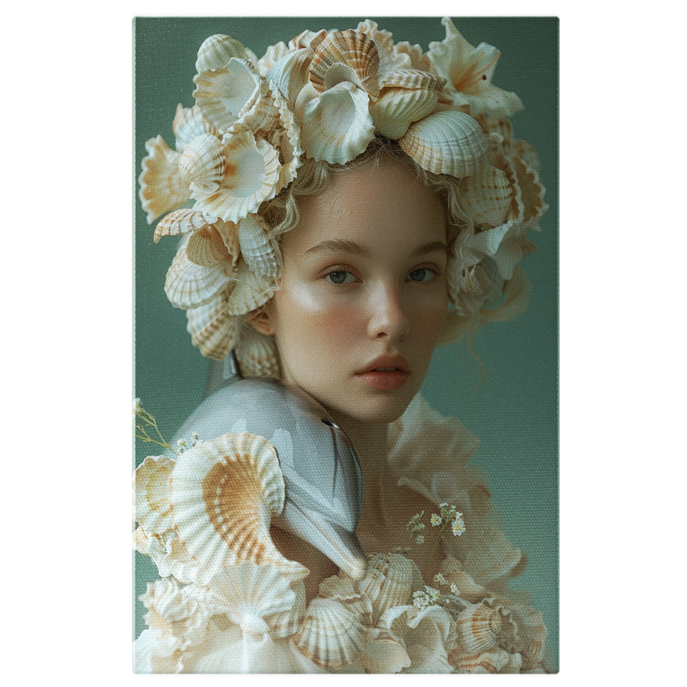 Tablou Canvas Femeie cu Palarie din Scoici si Figurina Delfin, Marime 40x25CM [1]