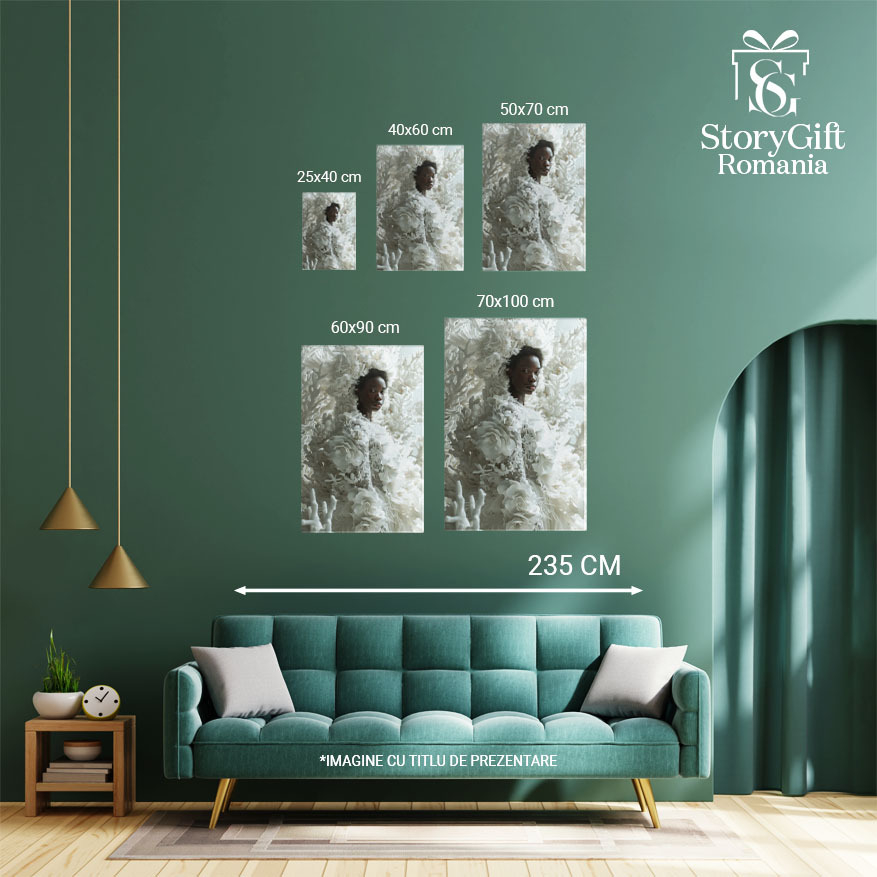 Tablou Canvas  Persoana Feminina cu Pielea Neagra si Buze Mari in Rochie Alba cu Trandafiri si Ramuri Albe , Pictura Digitala 40x25CM [4]