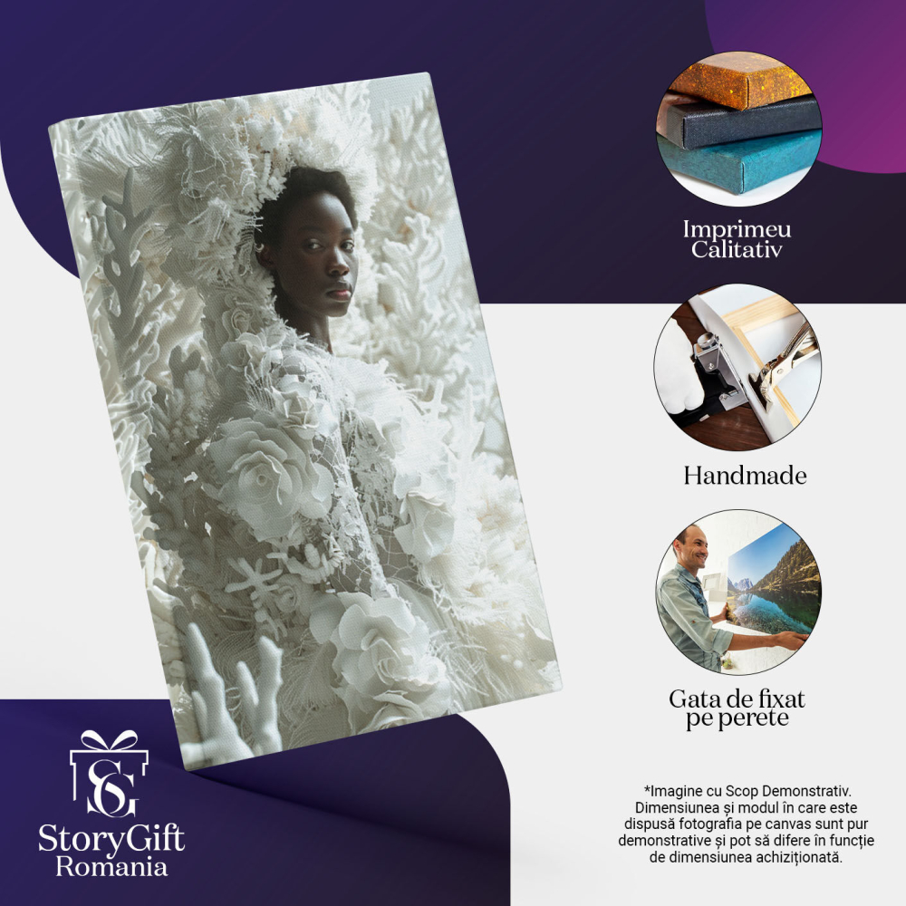 Tablou Canvas  Persoana Feminina cu Pielea Neagra si Buze Mari in Rochie Alba cu Trandafiri si Ramuri Albe , Pictura Digitala 40x25CM [3]