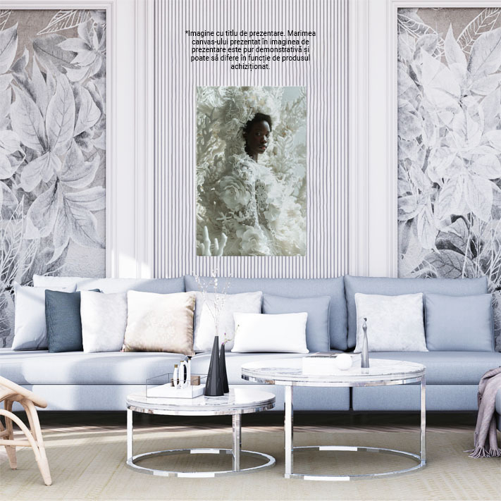 Tablou Canvas  Persoana Feminina cu Pielea Neagra si Buze Mari in Rochie Alba cu Trandafiri si Ramuri Albe , Pictura Digitala 40x25CM [2]