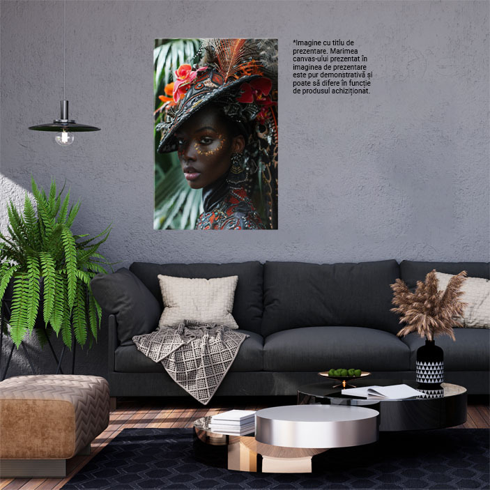 Tablou Canvas  Persoana Feminina din Africa cu Cercei si Palarie cu Pene in Camasa cu Perle si Pietre Pretioase , Pictura Digitala 40x25CM [2]