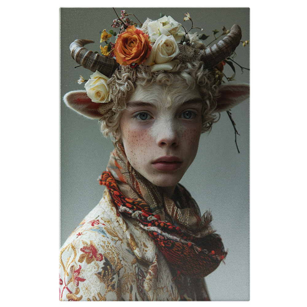 Tablou Canvas Personaj Misterios cu Păr Alb și Coarne | Pictură Digitală, Marime 40x25CM [1]