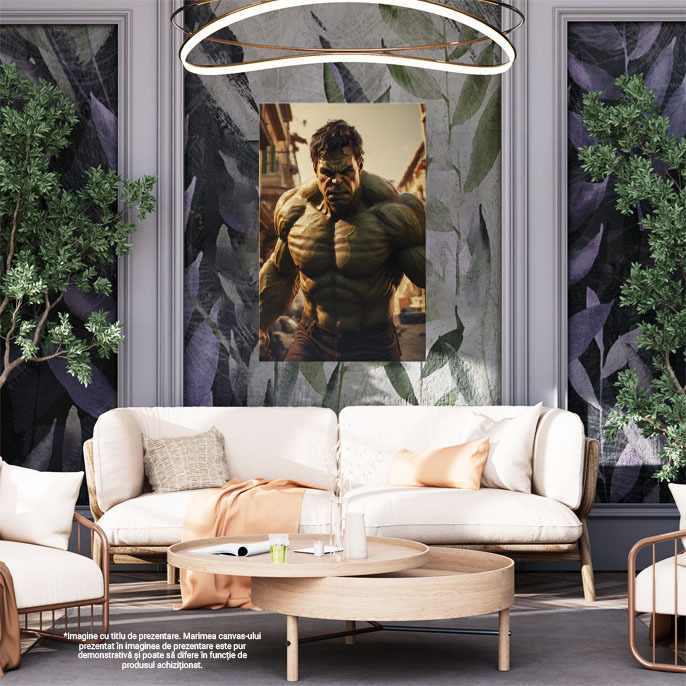 Tablou Canvas:  Personaj din Benzile Desenate Marvel , Hulk cu Blugi Negrii si Brate Mari cu Privire Nervoasa Pictura Digitala 40x25CM [2]