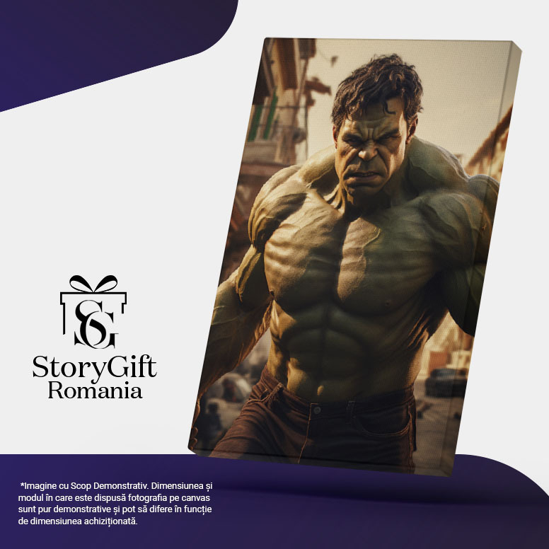 Tablou Canvas:  Personaj din Benzile Desenate Marvel , Hulk cu Blugi Negrii si Brate Mari cu Privire Nervoasa Pictura Digitala 40x25CM [5]