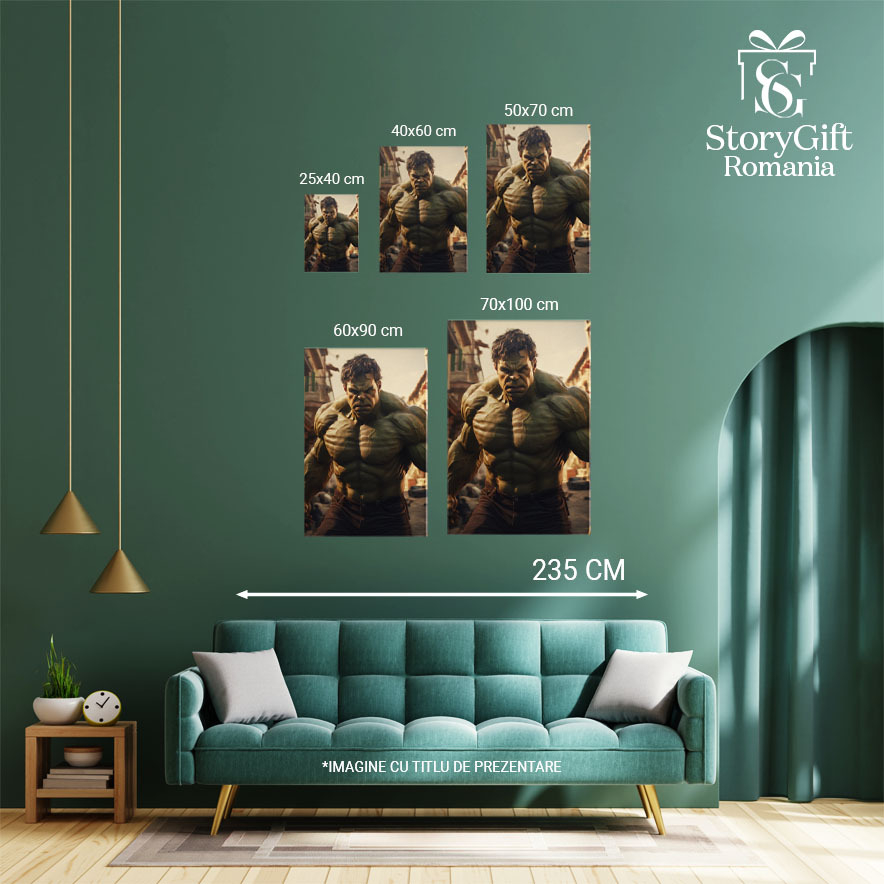 Tablou Canvas:  Personaj din Benzile Desenate Marvel , Hulk cu Blugi Negrii si Brate Mari cu Privire Nervoasa Pictura Digitala 40x25CM [4]