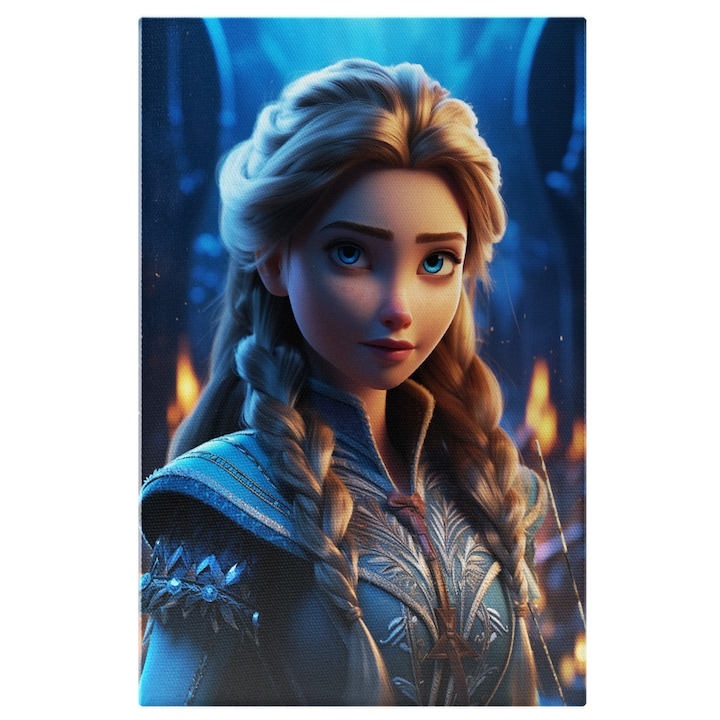 Tablou Canvas:  Personaj Feminin cu Pisturi si Par Blond cu Ochii Ingandurati si Pelerina Albastra  Pictura Digitala 40x25CM [1]