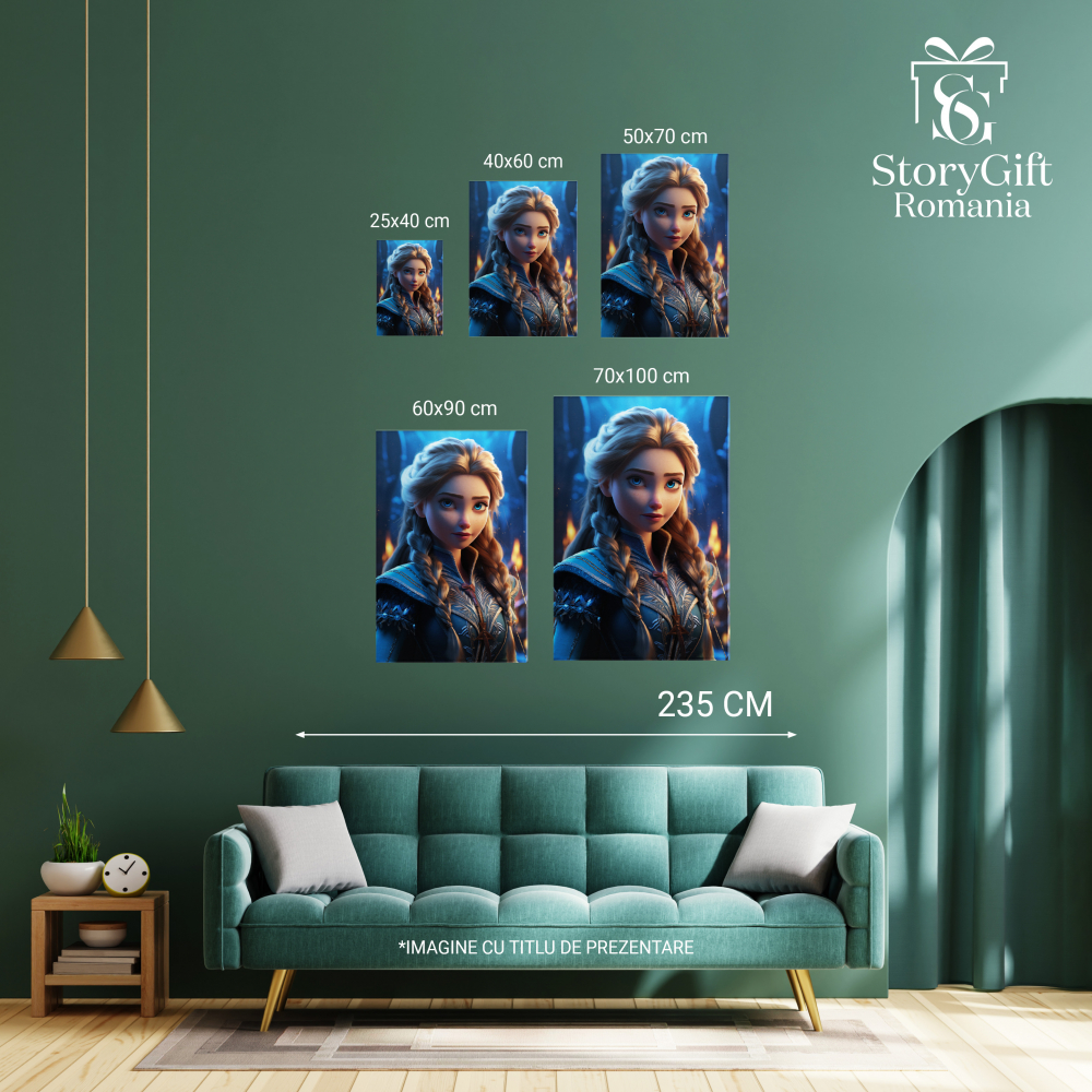 Tablou Canvas:  Personaj Feminin cu Pisturi si Par Blond cu Ochii Ingandurati si Pelerina Albastra  Pictura Digitala 40x25CM [3]